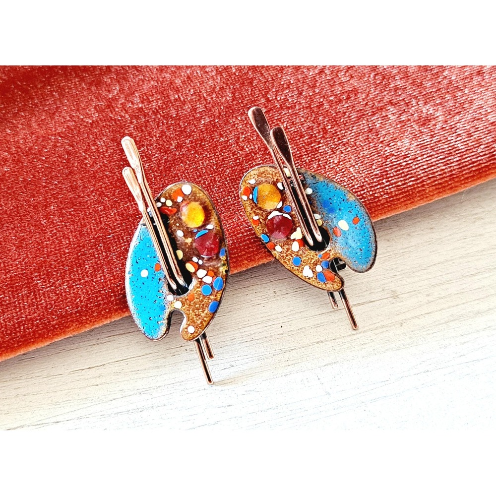 Vintage Renoir Matisse Copper Clip-on Earrings Artist Palette Design - Picture 3 of 9